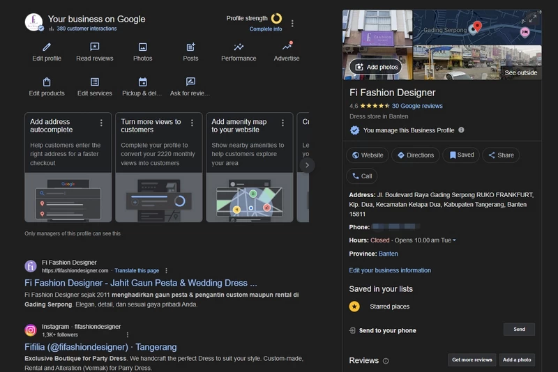 Contoh tampilan profil bisnis Google.