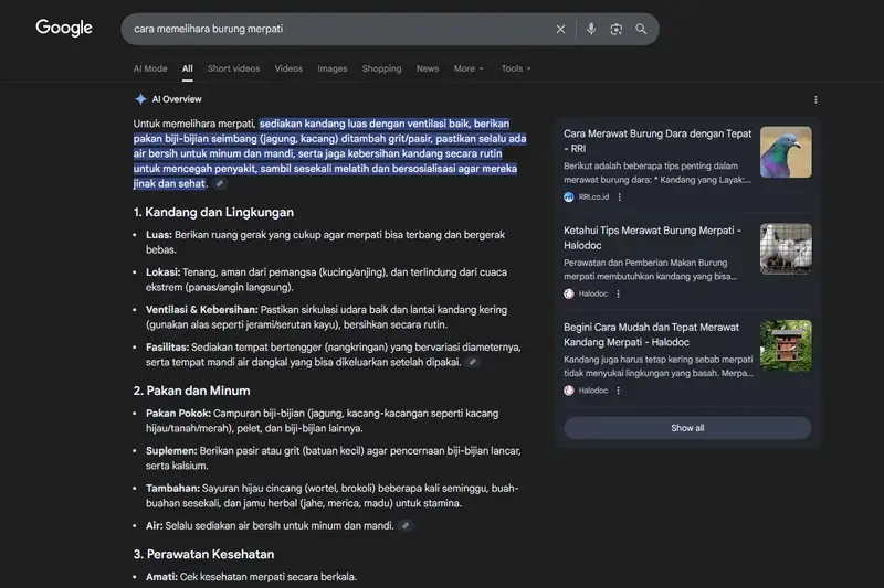 Contoh AI Overview Google menjawab query pencarian.